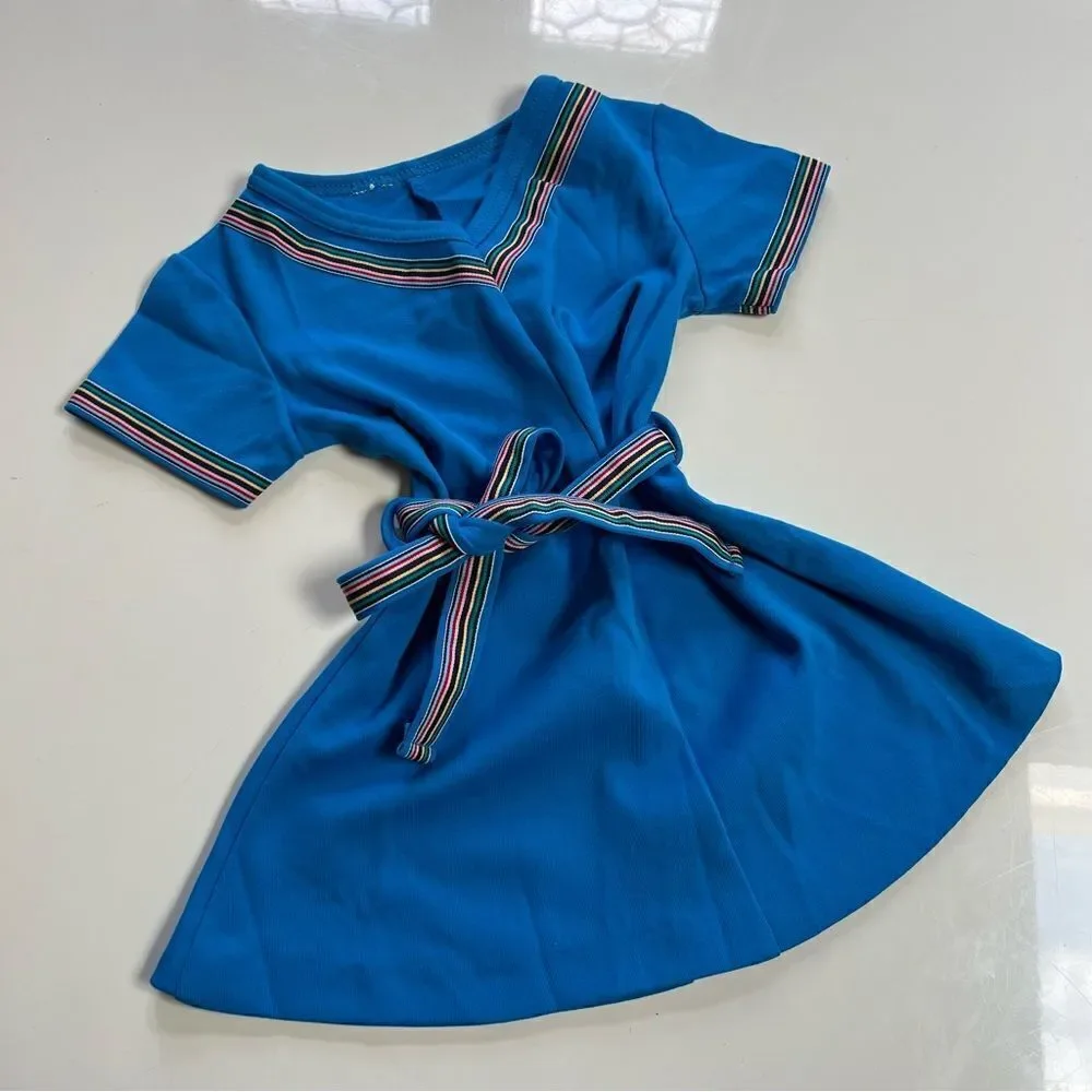 Vintage 1970s Handmade One of a Kind Girl’s Rainbow Trim Belted Dress